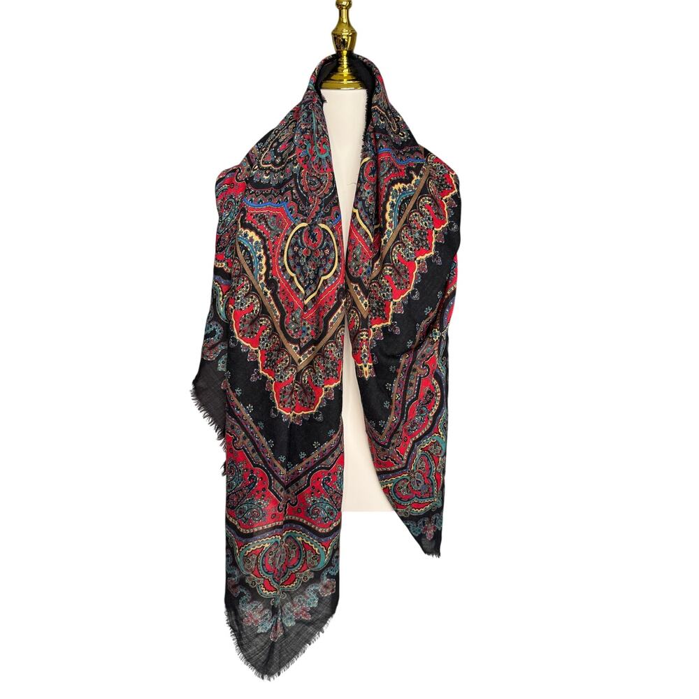 Vintage Specialty House Pure Wool Paisley Black Red Wrap Scarf Made in Italy